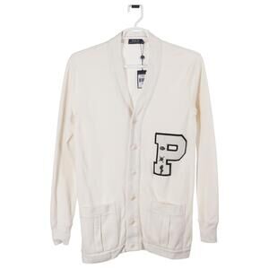NWT Polo Ralph Lauren Varsity Cardigan Men M Ivory Letterman Button Up V-Neck